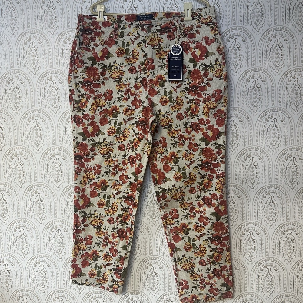Charter Club Floral Straight-Leg Jeans in Cream, Red, Green